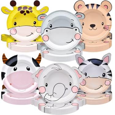 Imagem de 48 peças de pratos de papel de animais de fazenda – Pratos de sobremesa redondos descartáveis de 17 cm com desenhos de tigre, zebra, girafa, elefante, hipopótamo e vaca para festas de aniversário