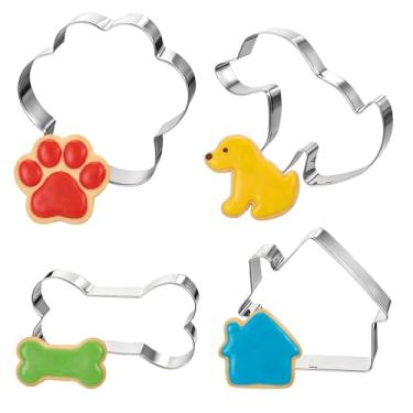 Imagem de 4 peças de cortadores de biscoito de cachorro cortadores de biscoito em forma de osso conjunto de cortadores de biscoito de aço inoxidável para assar em casa tema festa lanches caseiros