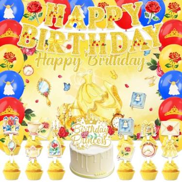 Imagem de LINBAOHOME 42 peças lindas decorações de festa de princesa e a fera, rosa vermelha, faixa de feliz aniversário, topo de bolo, topos de cupcake, balões, suprimentos, decorações de festa de aniversário