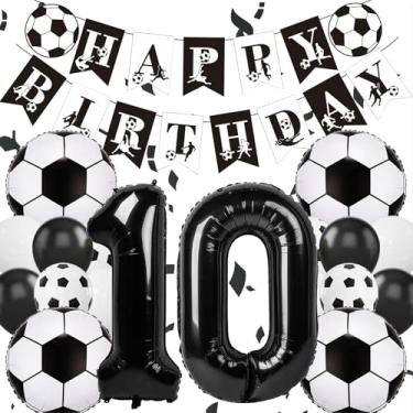 Imagem de Balões de futebol, número de 10 balões pretos de 10 polegadas, faixa de feliz aniversário de futebol, balão preto branco de 30 cm, decorações de 10º aniversário para meninos