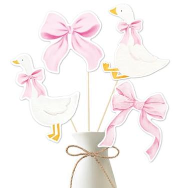 Imagem de Bastões de mesa de centro de ganso silly com laço rosa, 12 peças, enfeites de mesa de aniversário de animais de fazenda para meninas suprimentos de decoração de festa de chá de bebê