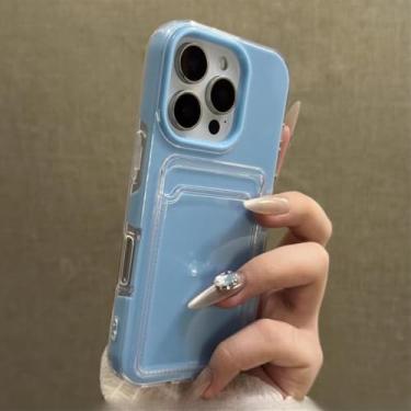 Imagem de Capa para celular com porta-cartões para iPhone 16 15 14 13 12 Pro Max 11, na cor Candy Color. Capa protetora transparente e macia, estilo carteira, resistente a impactos, na cor azul. Compatível com