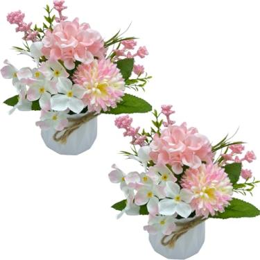 Imagem de Carfoeny 2 flores artificiais de hortênsia rosa e branca em vaso para decoração de interiores, acessórios de banheiro de plantas falsas, arranjos de flores de seda sintética em vaso de mesa para