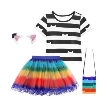 Imagem de Conjunto De Camiseta Listrada Preta E Branca Com Saia Arco-Íris Para M