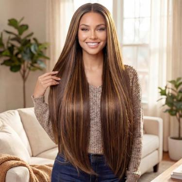 Imagem de Peruca frontal reta de cabelo humano, 33 x 4 peruca frontal de renda transparente reta para mulheres, linha do cabelo pré-arrancada, peruca de aparência natural sem cola de 76 cm, cor de piano