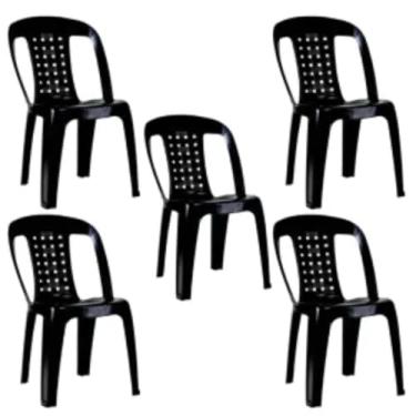 Imagem de Kit 5 Cadeiras de Plástico Preta Com Encosto Vime Empilhável