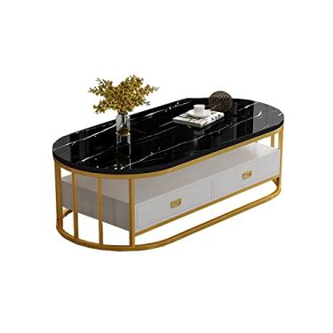 Imagem de U5GAAALPPQ9 Mesa de centro oval, mesa com gavetas para sala de estar, quarto e sala de jantar, pernas de aço inoxidável, mesa preta com ouro e ()