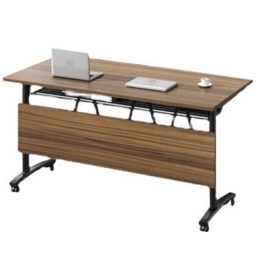 Imagem de ZXLPHA Mesa de escrita dobrável, mesa móvel sobre rodas, prateleiras de armazenamento abertas, placa engrossada, mesas pequenas para jogos, laptop, casa, escritório, para espaços pequenos, marrom