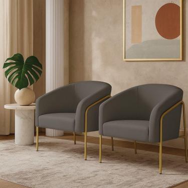 Imagem de Poltrona Sala Industrial Alta Dourado Kit 2 Stella Suede Grafite D03 - D'rossi