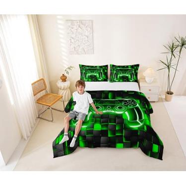 Imagem de Conjunto de edredom para jogos, gamepad, luzes neon, grade pixel, jogo quadrado, patchwork, abstrato, edredom preto, verde, 2 fronhas