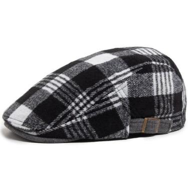 Imagem de Boné plano Gatsby Newsboy, chapéu xadrez de algodão preto/branco, masc