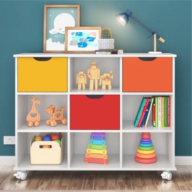 Imagem de Conjunto Nicho Organizador Zuri com 3 Gavetas Coloridas MDP 108cm Branco com Rodízios
