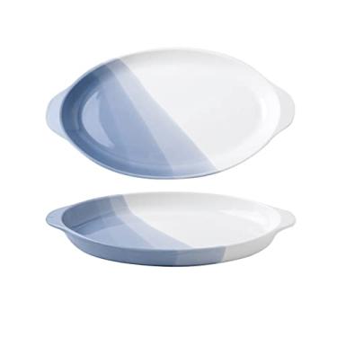 Imagem de Prato de macarrão, pratos de jantar ovais chineses de cerâmica para casa, com alça de orelha dupla, prato longo de peixe de 37 cm, prato de porcelana para micro-ondas/lava-louças