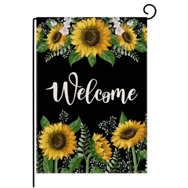 Imagem de Pingpi Bandeira de jardim de boas-vindas, Girassol pequena Bandeira de jardim vertical dupla face 31,75 x 45,72 cm Verão Outono Quintal Burlap Quintal Decoração exterior