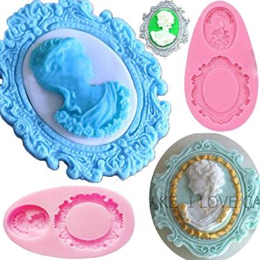 Imagem de Anyana Vintage Victorian Picture Moldura oval de camafeu Molde de espelho de foto Bolo de pasta de goma Fondant molde de silicone para cupcake de casamento passado de açúcar decoração de topper conjunto de 2