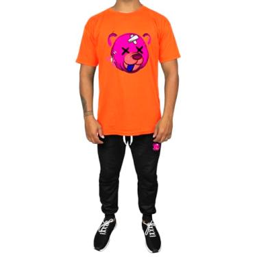 Imagem de Kit Conjunto Masculino Camiseta Algodão e Calça Moletom Casual Estampado Urso Rosa (Laranja, P)