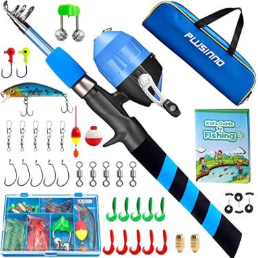 Imagem de PLUSINNO Vara de pesca infantil, kit combo de vara de pesca telescópica portátil e carretel - com caixa de equipamentos de carretel de pesca Spincast para meninos, meninas e jovens (azul, 1,2 m 3,94