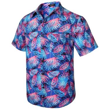 Imagem de Camisetas masculinas havaianas manga curta Aloha camisa masculina casual abotoada tropical Havaí floral verão praia festa, Azul, rosa, XXG