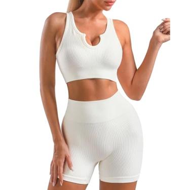 Imagem de Lingdu Conjunto de 2 peças de roupas esportivas femininas de ioga para treino esportivo legging de cintura alta conjunto de roupas esportivas, Curto U - branco, Medium