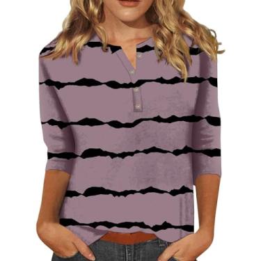 Imagem de Camiseta Henley para mulheres, listradas, coloridas, manga 3/4, caimento solto, camiseta casual para sair, Caqui, M