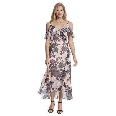 Imagem de London Times Vestido longo feminino de ombro vazado, com babados, convidada da mãe da noiva, Blush/preto, 11