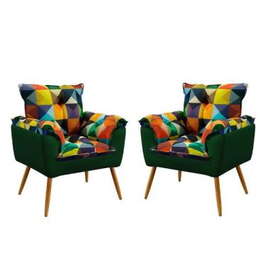 Imagem de Kit 2 Poltronas Almofadadas Beta Sued Estampado Colorido com Verde Ara