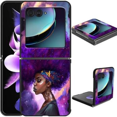 Imagem de GFRGTFHYT Capa para Motorola Moto Razr 2024 para Moto Razr 50 Capa de telefone fina e leve em PC com cabelo roxo africano design feminino Wen capa protetora à prova de choque para Moto Razr 2024