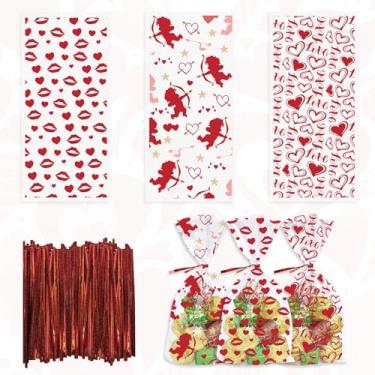 Imagem de 150 peças de sacos de presente de celofane para dia dos namorados, sacos de doces, amor, coração, beijo, celofane, 3 estilos, sacos de plástico OPP com 150 laços torcidos para decoração de festa de