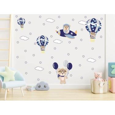 Imagem de adesivo de parede urso aviador balões e bexiga azul marinho - Adesivos