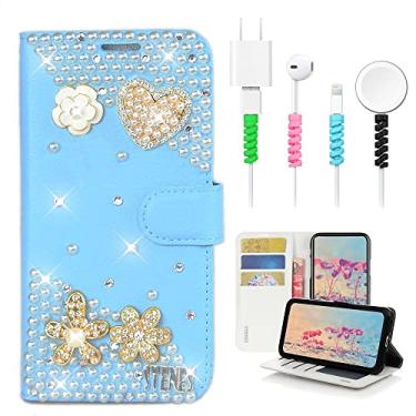 Imagem de STENES Capa carteira brilhante para celular compatível com Samsung Galaxy A16 5G - Elegante - Flores feitas à mão 3D design coração pérola couro meninas mulheres capa com protetor de cabo [4 unidades]