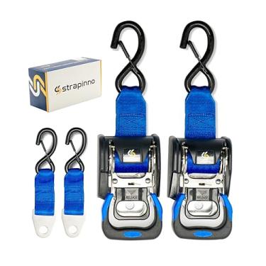 Imagem de Strapinno 2 peças de tiras de catraca retráteis de aço inoxidável (4,8 cm x 1,2 m) de amarração de popa resistente com alças de extensão, conjunto de parafusos e ganchos em S de trava de segurança,