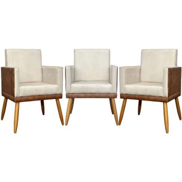 Imagem de Kit 3 Poltronas Decorativas Lis Corino e Pé Palito - Bege Suede Corino