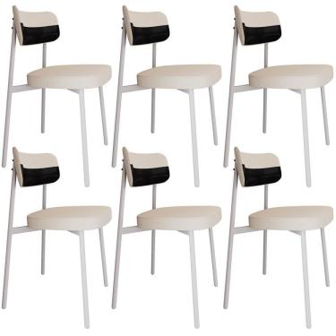 Imagem de Kit 06 Cadeiras Estofada Para Sala De Jantar Astrid Branco C01 Linho Palha Courino Preto - Lyam Decor