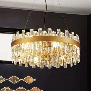 Imagem de lighceac Lustre De Cristal Moderno Dourado 21,7" Com Luminárias, Luxo 2 Anéis Para Sala Jantar, Iluminação Pendente Redonda 12 Luzes, Estar, Cozinha, Ilha, Entrada, Quarto