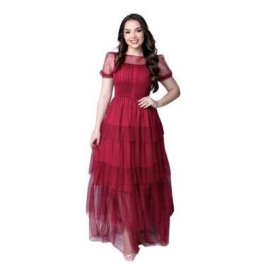 Imagem de Vestido Longo De Tule Com Brilho Feminino Manga Curta Elegante Para Fe