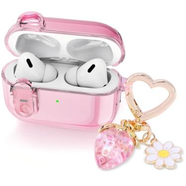 Imagem de (com trava de segurança) compatível com Airpods Pro 2ª/1ª geração, capas femininas e femininas, linda capa transparente de TPU macio para Apple AirPods Pro 2 com chaveiro de morangos para Airpod iPod