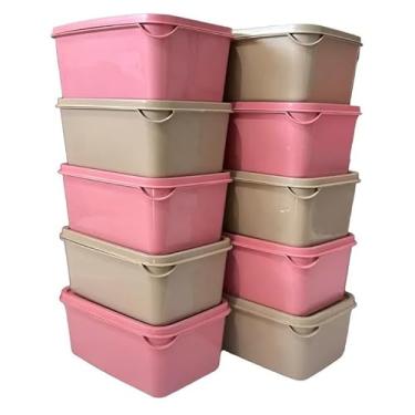 Imagem de Kit 10 Potes Retangular 1L Armazenamento Alimentos Tampa Marmita BPA Free Micro ondas Freezer (10 Potes 5 Bege e 5 Rosa)