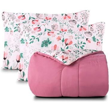 Imagem de Kit Edredom Cobertor Celi Queen Dupla Face Micropercal Estampado 200 Fios 3 Peças Bothanica Floral Rosa