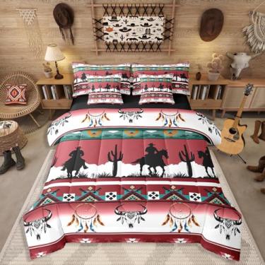 Imagem de Erosebridal Jogo de cama casal, estilo boêmio, caçador de sonhos, de caveira longa, estilo boêmio, para crianças e adultos, cavalo caubói ocidental, geométrico do sudoeste, vermelho