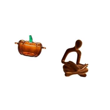 Imagem de Fenteer Prato de Doces de Vidro em Formato de Abóbora com Tampa E Estatueta Humana Abstrata, Estátua Do Pensador, Pote de Biscoitos, Escultura de Arte Decorat