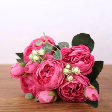 Imagem de Buquê de flores artificiais de peônia, 30 cm, rosa, seda, 5 cabeças grandes, 4 botões pequenos, decoração para casa e casamento (rosa vermelha)