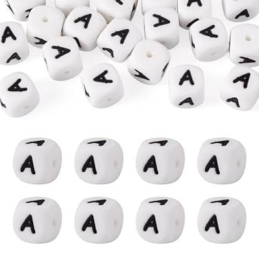 Imagem de FASHEWELRY 20 contas de silicone com letra A em cubo branco 12 x 12 x 12 mm contas quadradas do alfabeto com orifício de 2 mm com iniciais de vogal de 2 mm para colar de pulseira, colar, caneta com