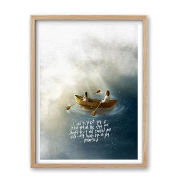 Imagem de iHery Arte de parede emoldurada de madeira de carvalho natural, grande 40,6 x 50,8 cm, Jesus e mulher no barco, versículo bíblico cristão Salmo 32:8, arte em tela, esboço moderno, escritura, quarto