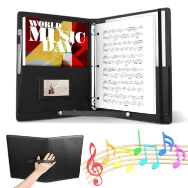 Imagem de Pasta de partitura, pasta de música coral de 3 anéis, pasta de música coral de couro PU de 33 cm x 25,9 cm com alça de mão e alça para partículas de piano e apresentações de palco, serve em letras de