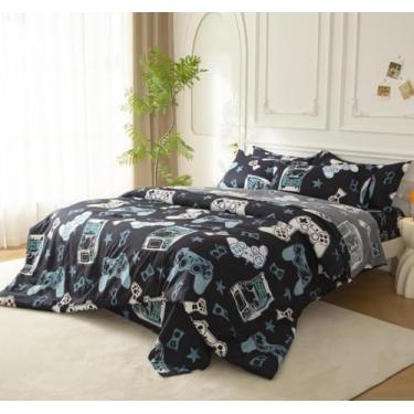 Imagem de SDY Jogo de cama casal com console de jogos, 7 peças, fofo de microfibra, jogo de cama com edredom, lençol de cima, lençol com elástico, fronhas e fronhas