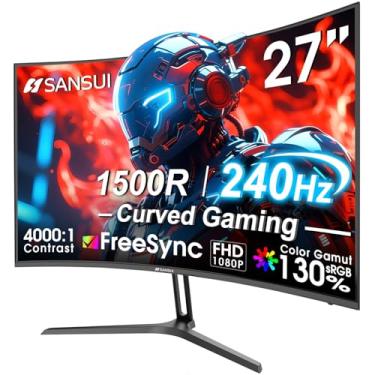 Imagem de SANSUI Monitor de jogos curvado de 240 Hz FHD 1080P, monitor de computador curva 1500R, 130% sRGB, contraste 4000:1, HDR, FreeSync, MPRT 1Ms, pouca luz azul, portas HDMI DP, suporte de metal, cabo DP