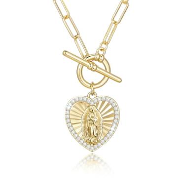 Imagem de Colar feminino de ouro virgem maria - Colar com pingente Virgen de Guadalupe banhado a ouro 14k, zircônia cúbica não manchada Católica dourada Nossa Senhora de Guadalupe, presente de confirmação de