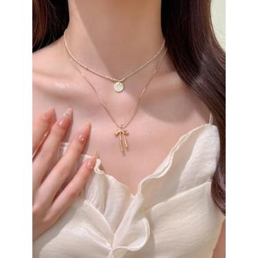 Imagem de Colar feminino com pingente de laço de camada dupla, colar curto feito à mão, joia geométrica de disco pequeno dourado acessório simples e doce