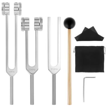 Imagem de QWORK Diapasões para conjunto de cura – 128Hz, 256Hz, 512Hz com martelo – Dispositivos de terapia de som para trabalho energético, Reiki e bem-estar