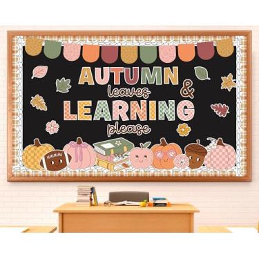 Imagem de Conjunto de quadro de avisos de outono, decoração de sala de aula, folhas de outono e aprendizagem, recortes, retrô, folhas descoladas, abóboras para escola, casa, escritório, quadro-negro, quadro